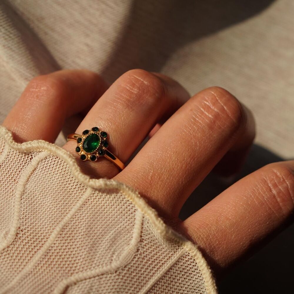 Vintage Inspired 18K Gold Plated Green Zircon Halo Ring + Jewelry Pouch